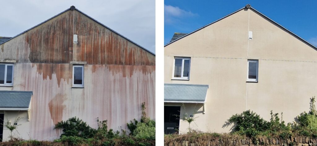 Jämförelse sida vid sida av ett hus exteriör före och efter rengöring. Den vänstra sidan visar fläckiga och missfärgade väggar, medan den högra sidan visar ett rent och enhetligt utseende under en klarblå himmel. Jämförelse sida vid sida av ett hus exteriör före och efter rengöring. Den vänstra sidan visar fläckiga och missfärgade väggar, medan den högra sidan visar ett rent och enhetligt utseende under en klarblå himmel.