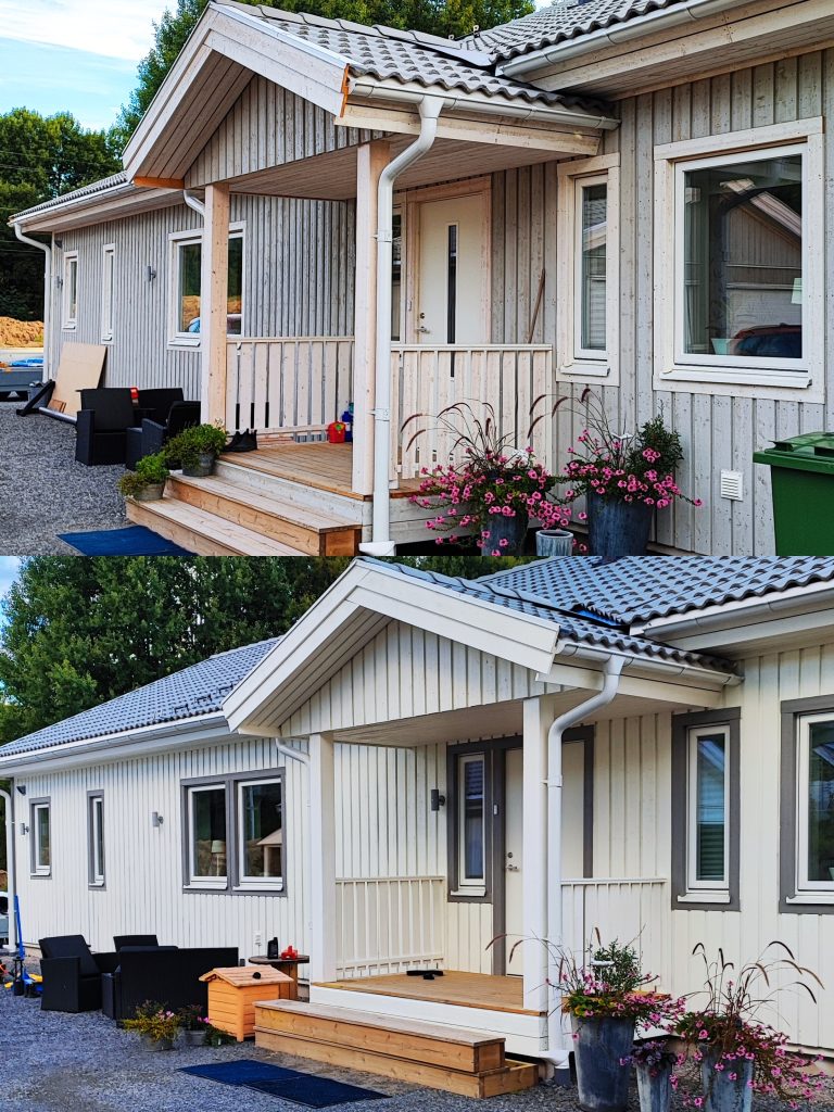 Två bilder sida vid sida visar samma hus exteriört före och efter målning. Den övre bilden visar huset i gråaktiga trätoner; den nedre bilden visar det i en ljus beige eller offwhite färg. Två bilder sida vid sida visar samma hus exteriört före och efter målning. Den övre bilden visar huset i gråaktiga trätoner; den nedre bilden visar det i en ljus beige eller offwhite färg.
