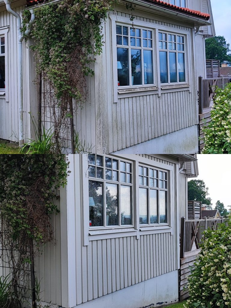 Jämförelse sida vid sida av en husfasad före och efter rengöring; den övre bilden visar smutsig, fläckig fasadbeklädnad, medan den nedre bilden visar samma område rengjort och upplyst. Jämförelse sida vid sida av en husfasad före och efter rengöring; den övre bilden visar smutsig, fläckig fasadbeklädnad, medan den nedre bilden visar samma område rengjort och upplyst.