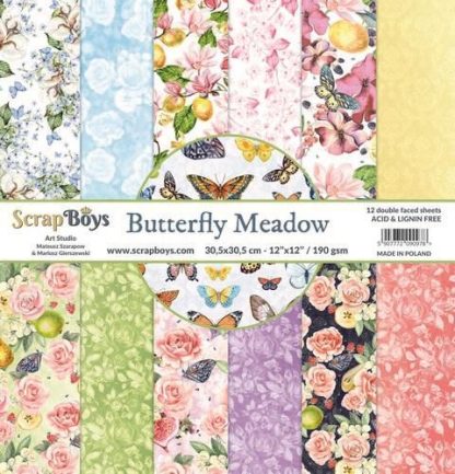 ScrapBoys Butterfly Meadow paperset 12 vl+cut out elements-DZ 30.5 op 30.5cm