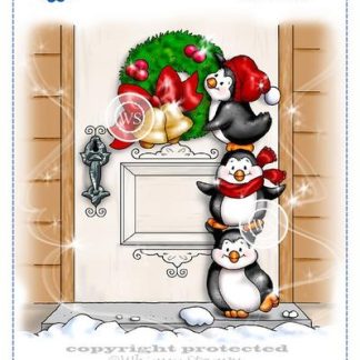 Penguins Hang a Wreath Rubber Cling Stamp