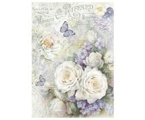 Rice Paper A4 White roses & Lilac Butterflies