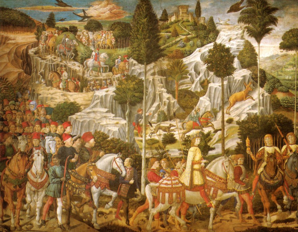 Detail uit Benozzo Gozzoli, Optocht van de koningen, fresco in de Cappella dei Magi, Palazzo Medici-Riccardi
