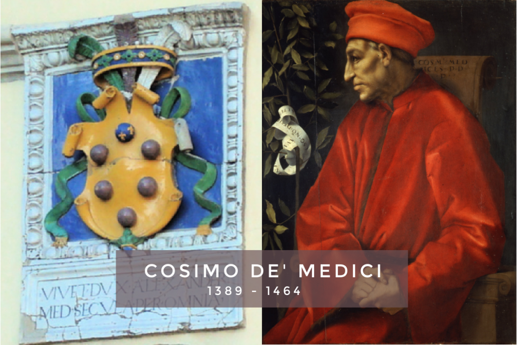 Portret Cosimo de' Medici en het embleem van de Medici bestaande uit de 6 ballen