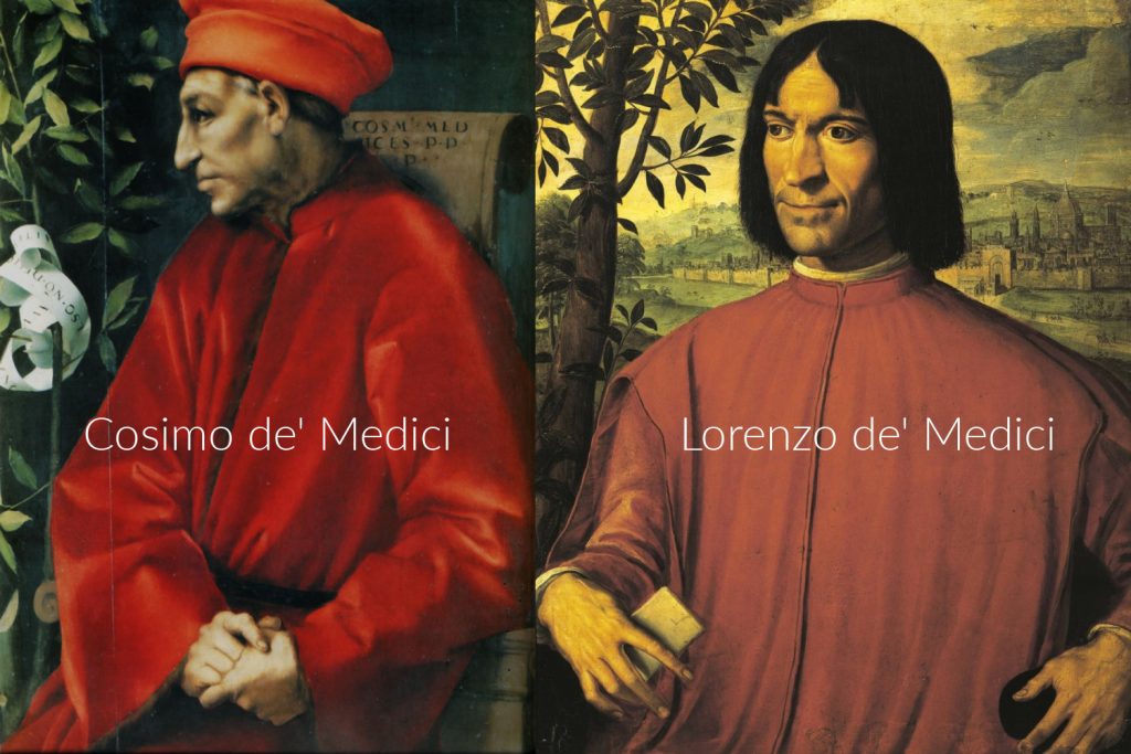 Portretten van Cosimo de' Medici de oudere (Pontormo) en van Lorenzo de' Medici (Macchietti)