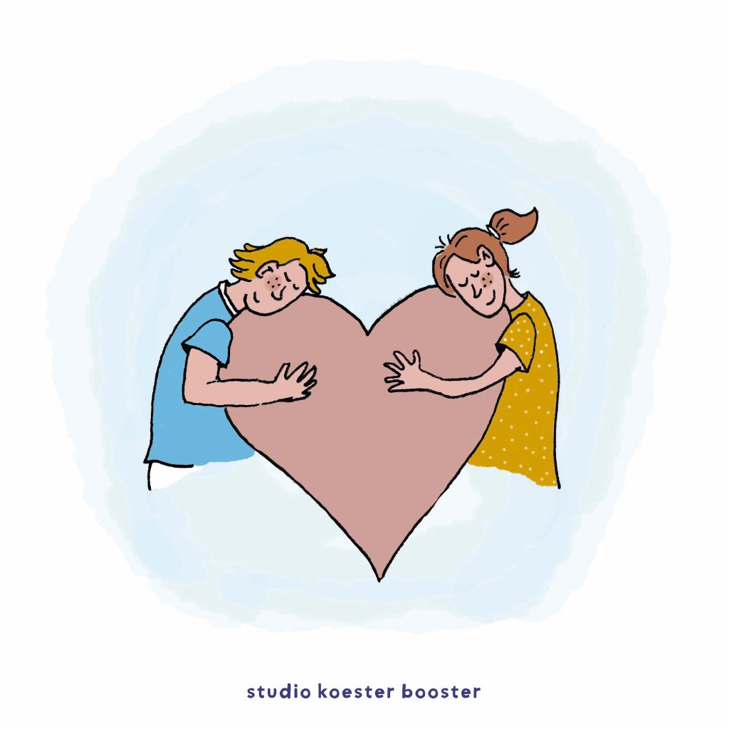 illustratie van twee kindjes die een hart omhelzen