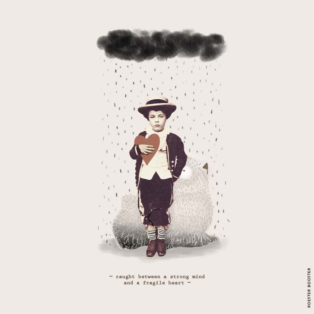 illustratie met oude foto van jongetje met regenwolk en quote over een strongmind and fragiel heart