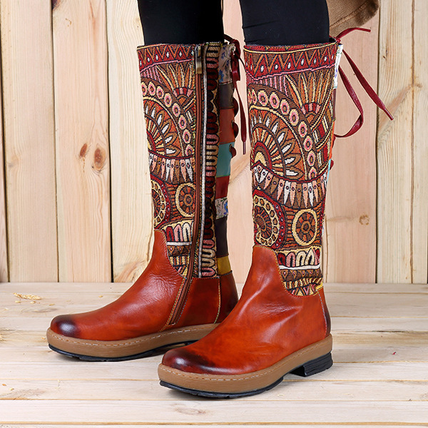 Vintage Mid-calf Boots Women Shoes Bohemian Retro Genuine Leather ...