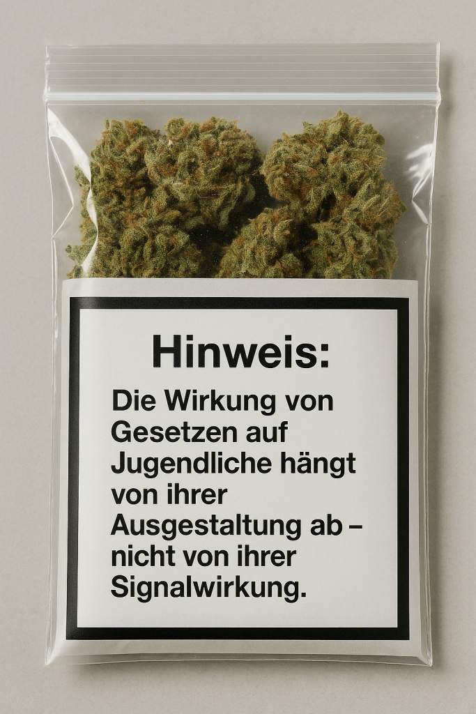 Cannabisblüten in transparentem Plastiktütchen mit sachlichem Warnhinweis zur Rolle von Regulierung beim Jugendschutz im Kontext der Legalisierung