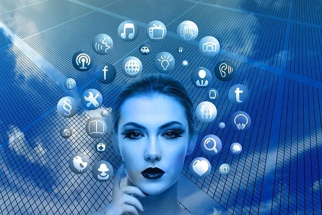 A woman surrounded by social media icons. Image by Gerd Altmann from Pixabay