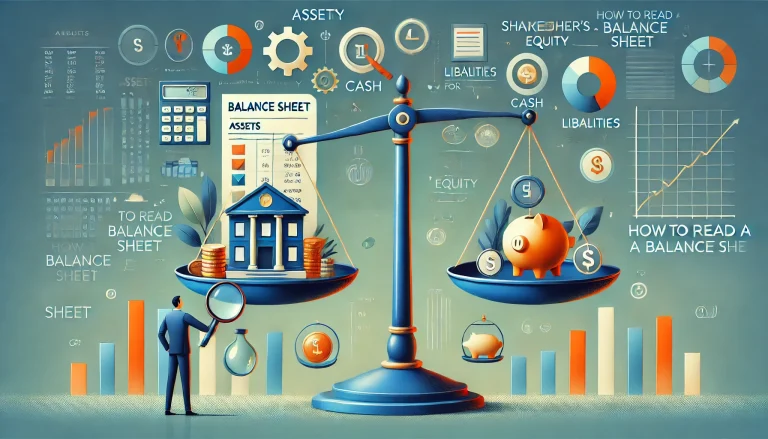 Balance sheet diagram showing assets, liabilities, and equity on a scale with a magnifying glass