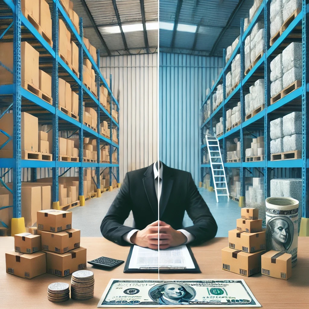 Split image of a well-organized warehouse inventory and a stack of cash and coins, representing effective working capital management.