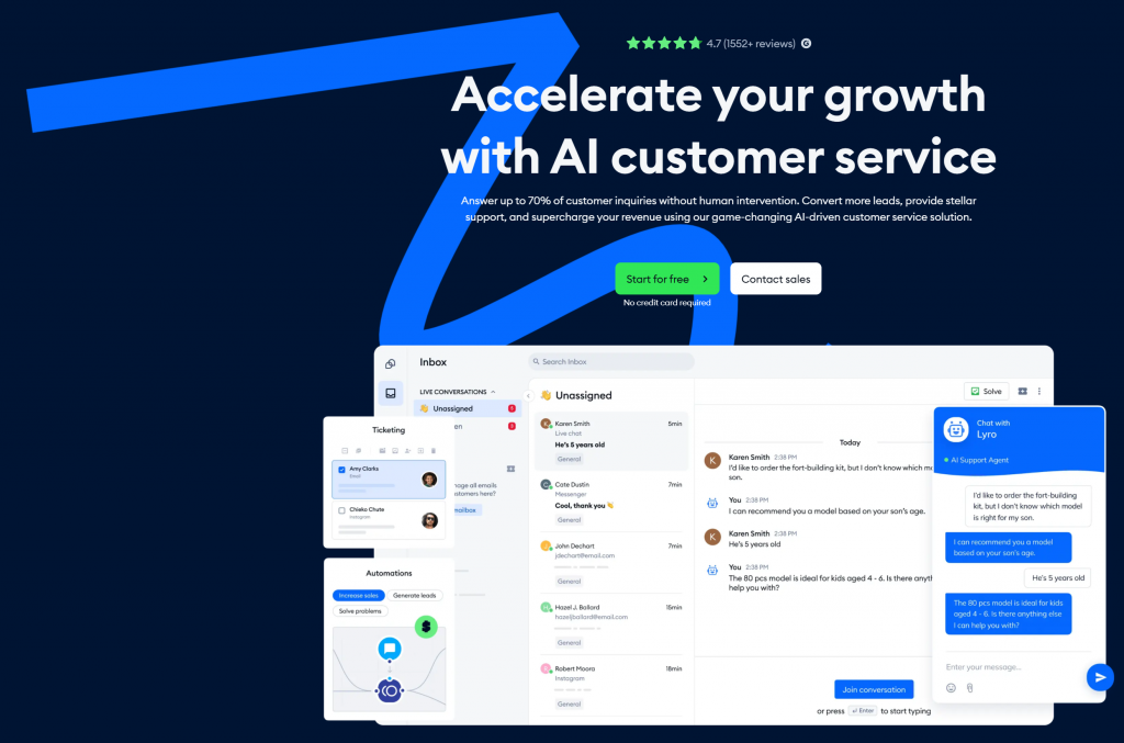 Answer up to 70% of customer inquiries without human intervention. Convert more leads, provide stellar support, and supercharge your revenue using our game-changing AI-driven customer service solution.