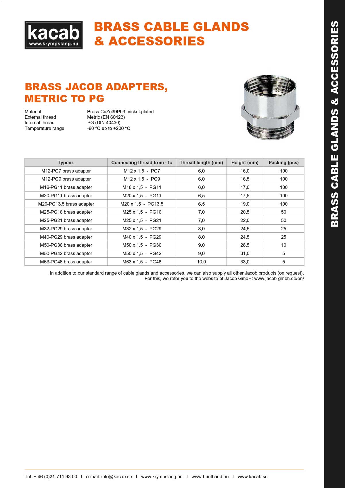 Brass Jacob adapters - Metric to PG