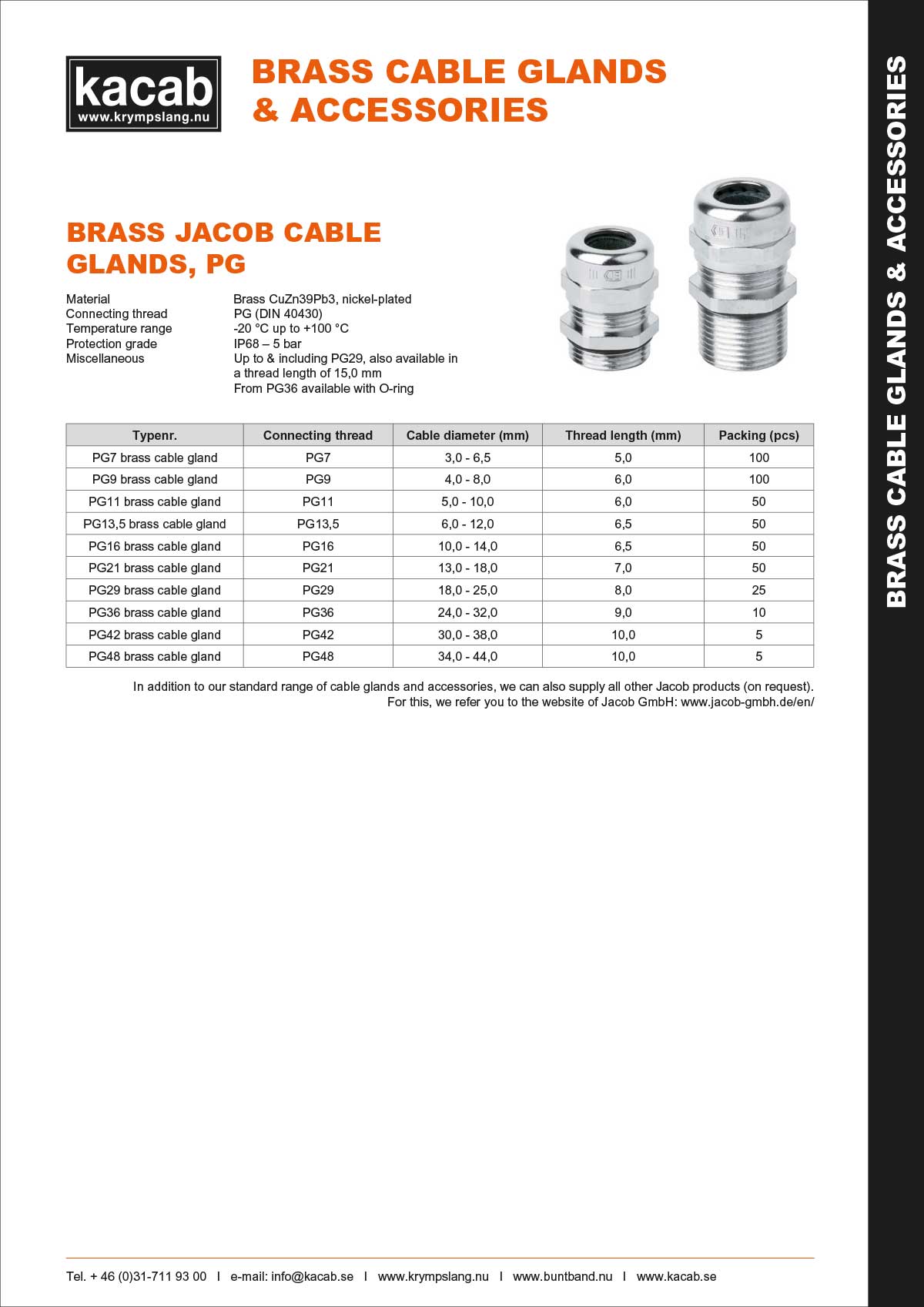 Brass Jacob cable glands - PG - Förskruvningar - Kontakta KACAB!