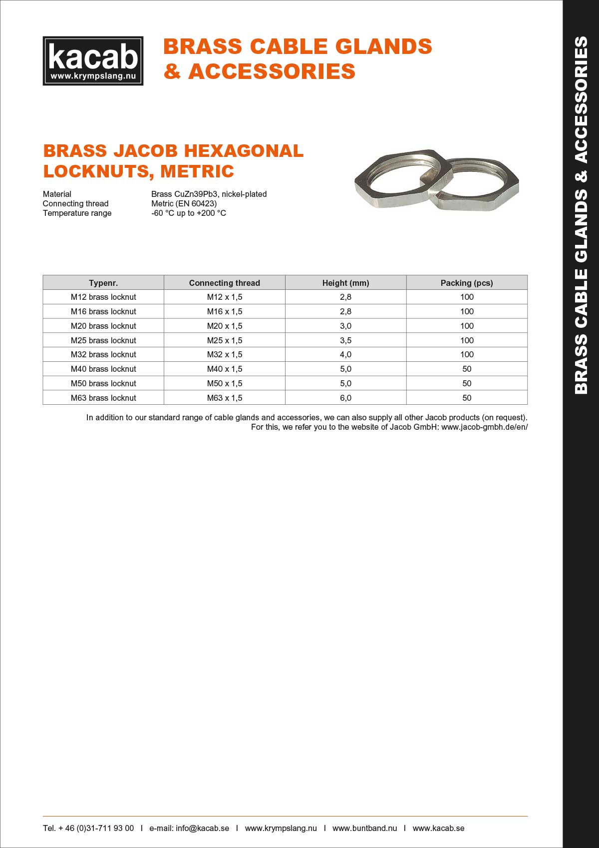 Brass Jacob hexagonal locknuts, metric