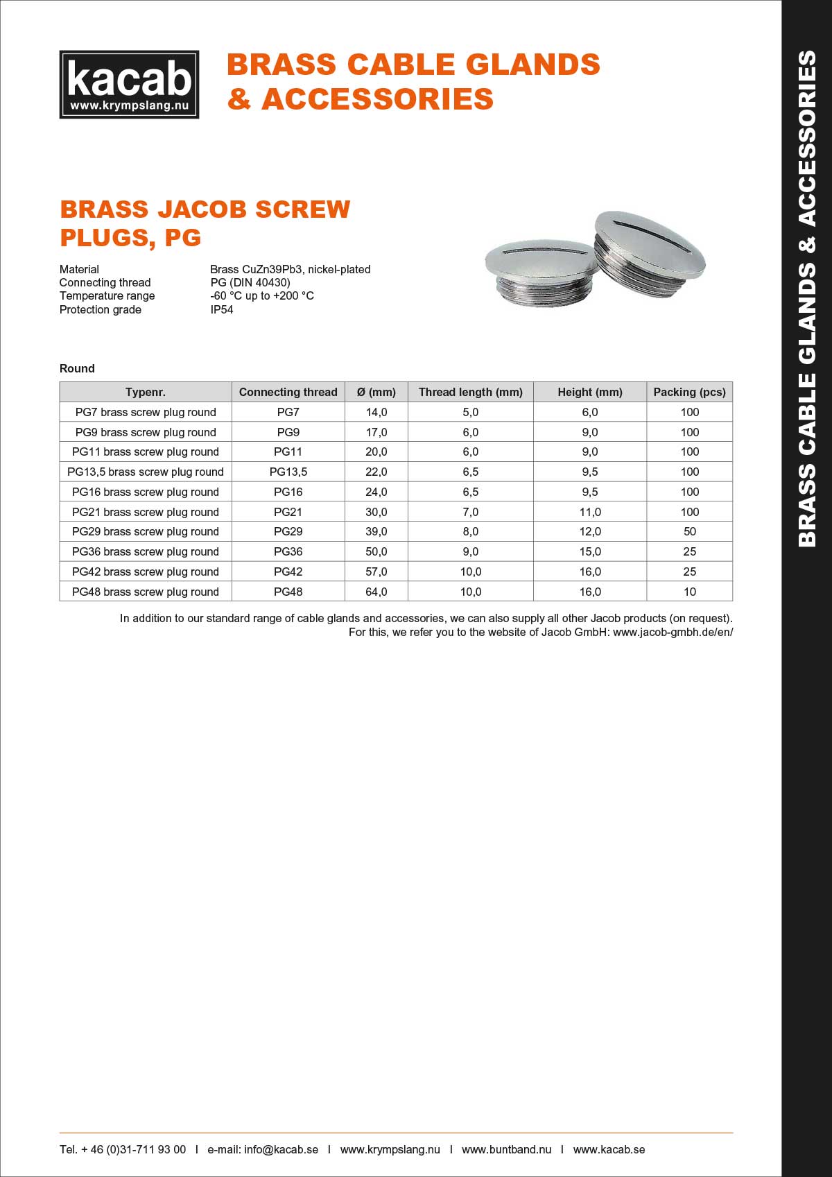 Brass Jacob screw plugs - PG