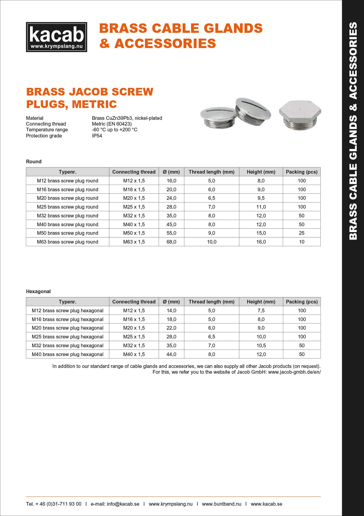 Brass Jacob screw plugs - Metric