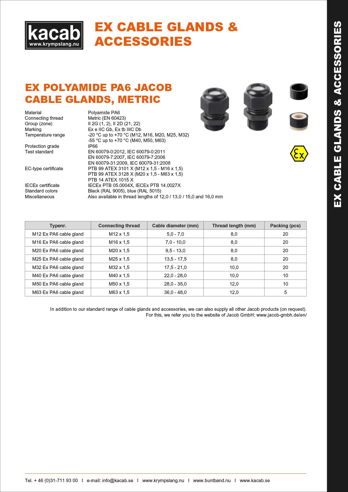 Ex Polyamide PA6 Jacob cable glands, metric