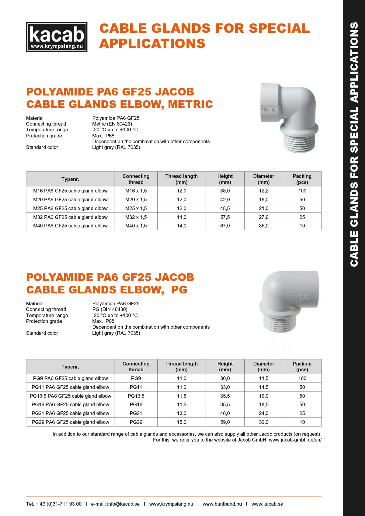 Polyamide PA6 GF25 Jacob cable glands elbow - Metric