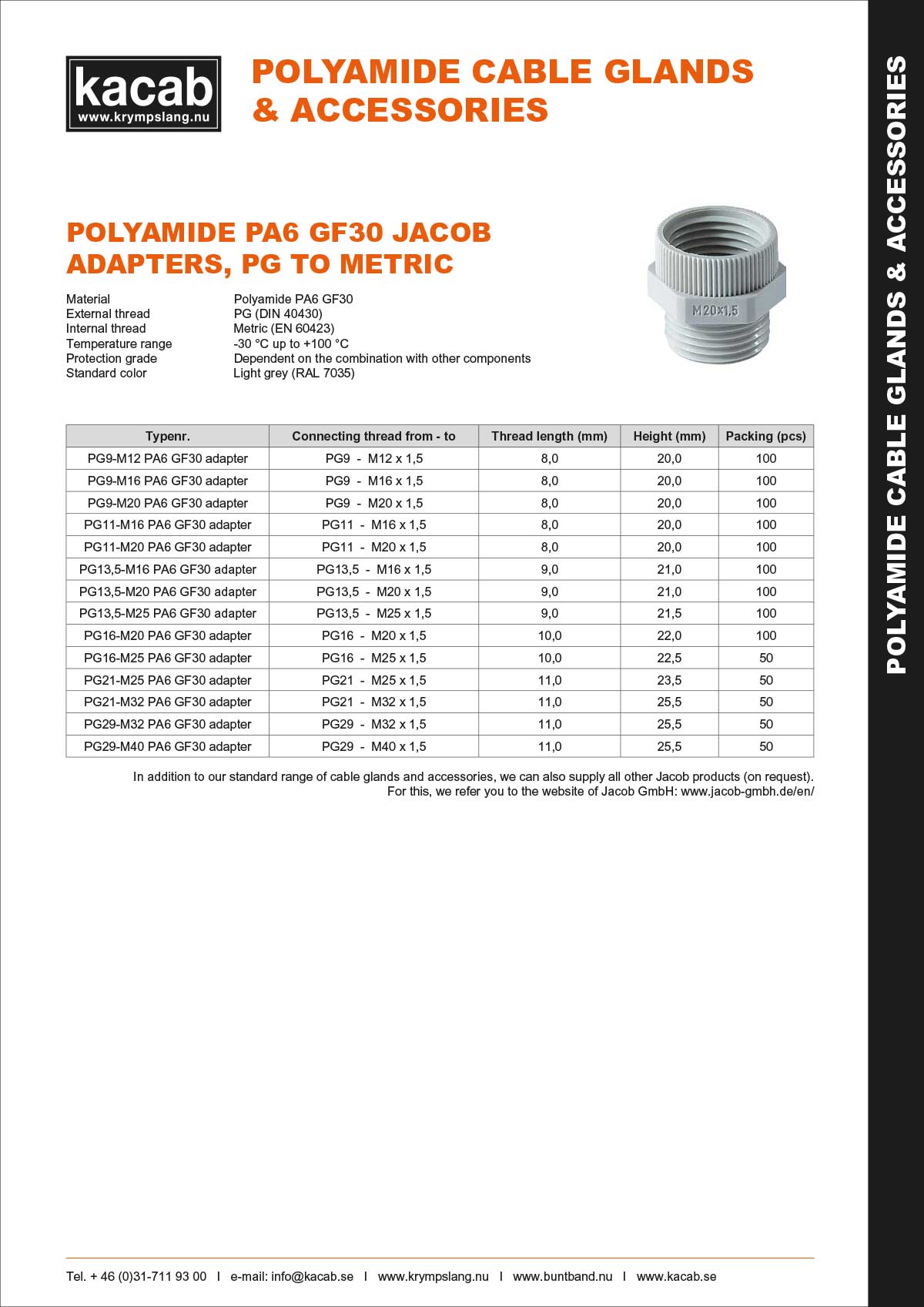 Polyamide PA6 GF30 Jacob adapters, PG to metric