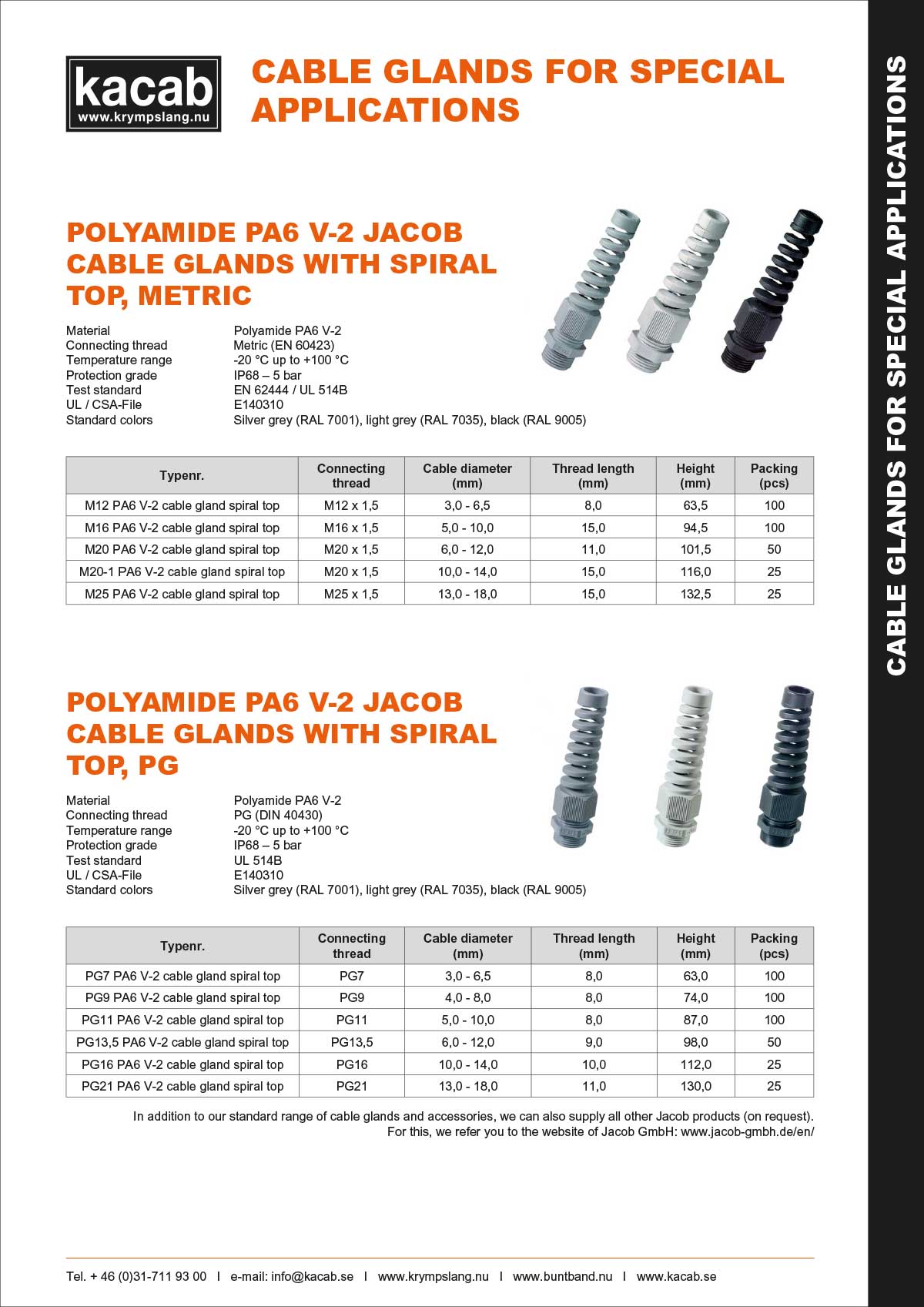 Polyamide PA6 V-2 Jacob cable glands with spiral top - Metric
