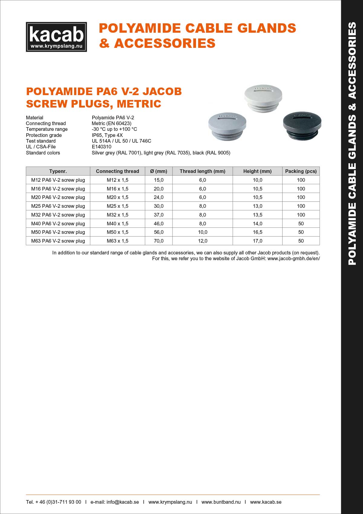 Polyamide PA6 V-2 Jacob screw plugs Metric