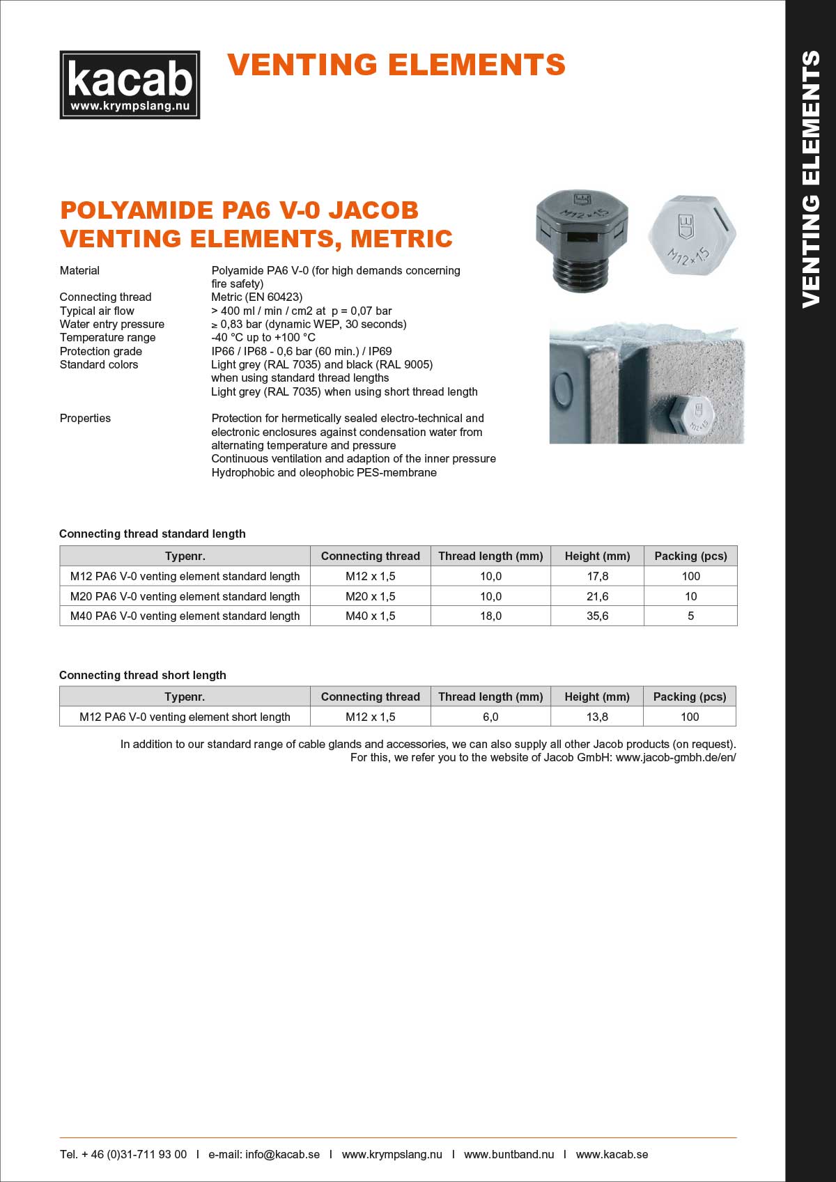 Polyamide PA6 V-0 Jacob venting elements-metric