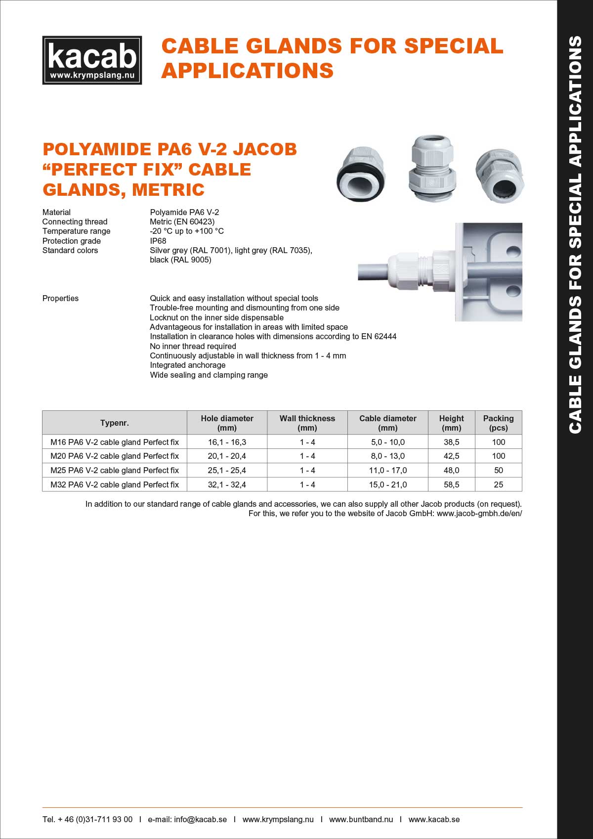 Polyamide PA6 V-2 Jacob Perfect fix cable glands-metric