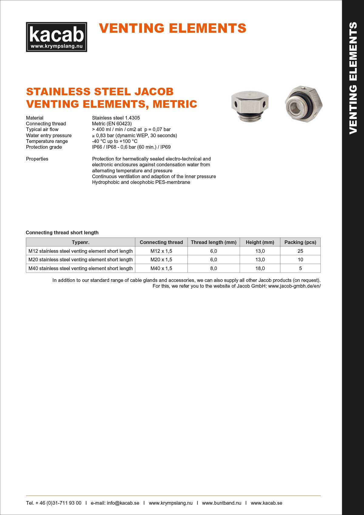Stainless steel Jacob venting elements - Metric 