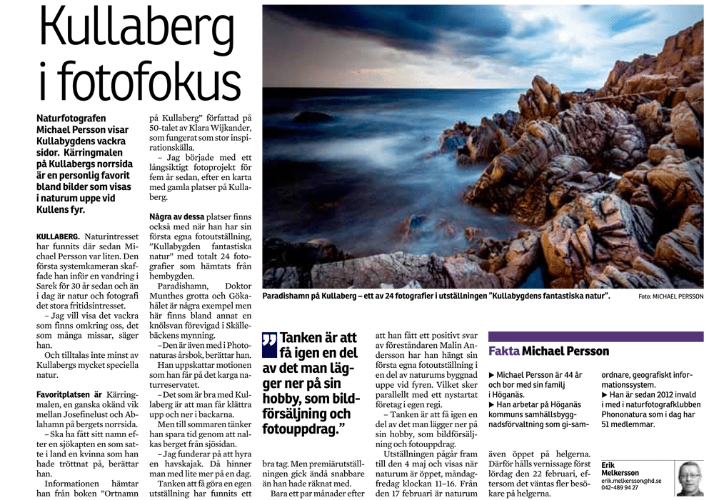 Artikel om Kullafotografen i Helsingborgs Dagblad fotograf Höganäs
