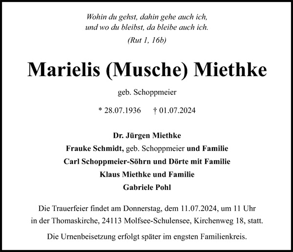 Todesanzeige für Marielis Miehtke (28.07.1936 - 01.07.2024)