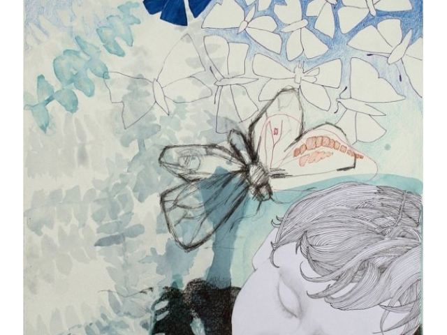Butterflies, blyerts, collage, akvarell, tusch, 50 x 70 cm
