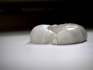 Utan titel (noshornsbagge) Sculpture of a larva made from Jesmonite