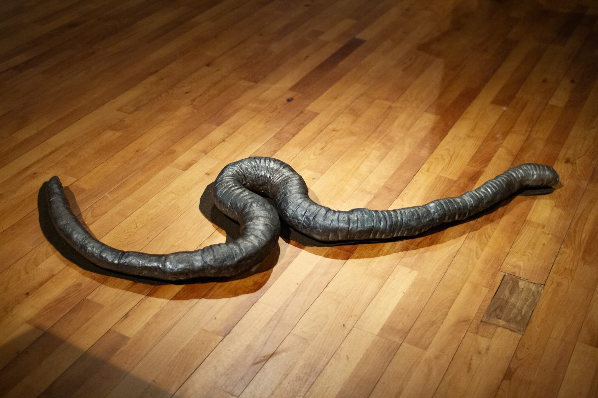 A sculpture of a giant earthworm on a wooden floor.