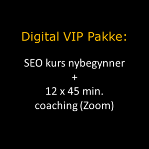 Digital VIP Pakke i oransje overskrift og hvit tekst under hvor det står om SEO kurs og coaching via Zoom. Bakgrunnen er sort.