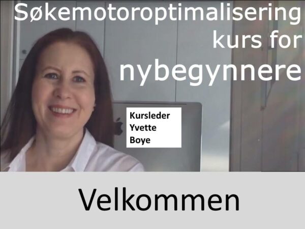 Søkemotoroptimalisering kurs for nybegynnere skrevet i uthevet hvit skrift på bakgrunn med smilende kursleder Yvette Boye