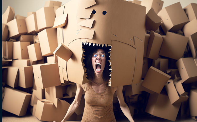 Vrouw heeft stress door verhuis, woede aanval tijdens het inpakken van huisraad in verhuisdozen