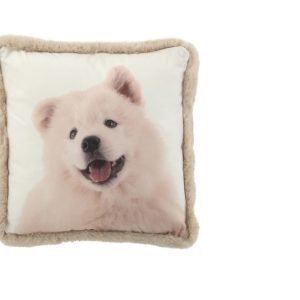 Coussin Chien Bords Fourrure Polyester Blanc/Beige