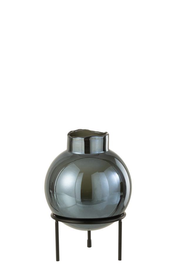 Vase Boule Verre/Métal Bleu/Noir Small