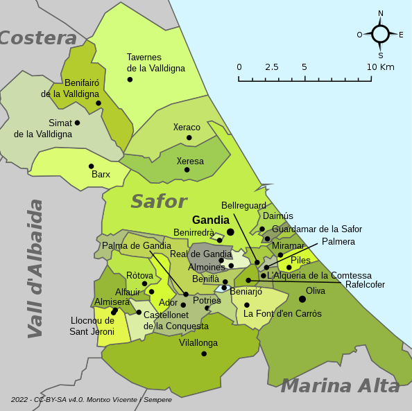 Mapa de la comarca de la Safor.