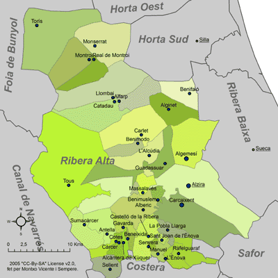 Mapa de la comarca de la Ribera Alta