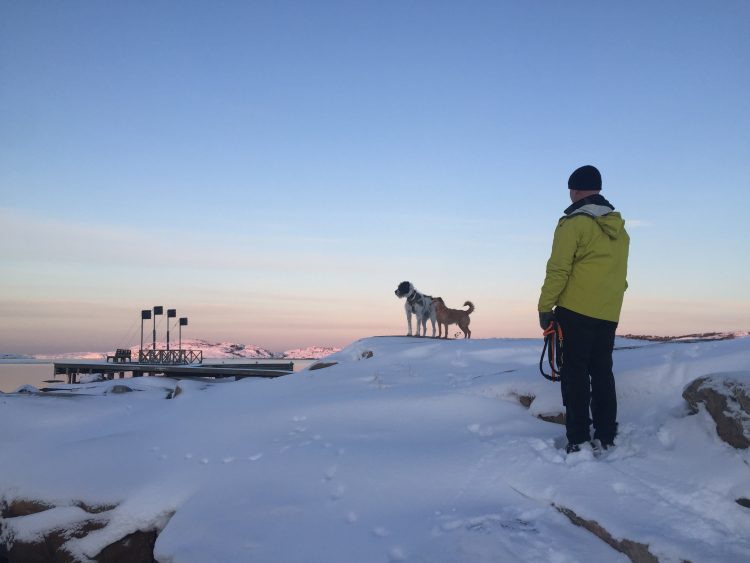 JOhan with dogs Agnes and Lucas overlooking the sea at wintertime