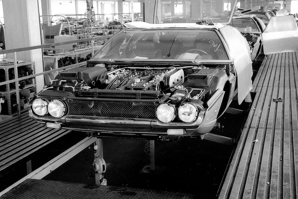 A 1968 Lamborghini Espada series 1 on the assembly line at the factory