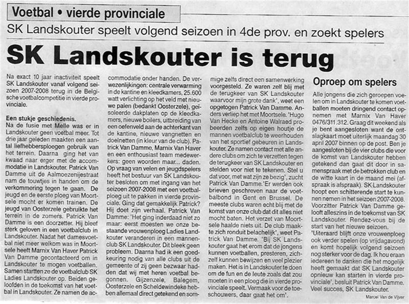 Artikel uit de Beiaard, toen de mannenploeg SK Landskouter in 2007 opnieuw opgestart werd