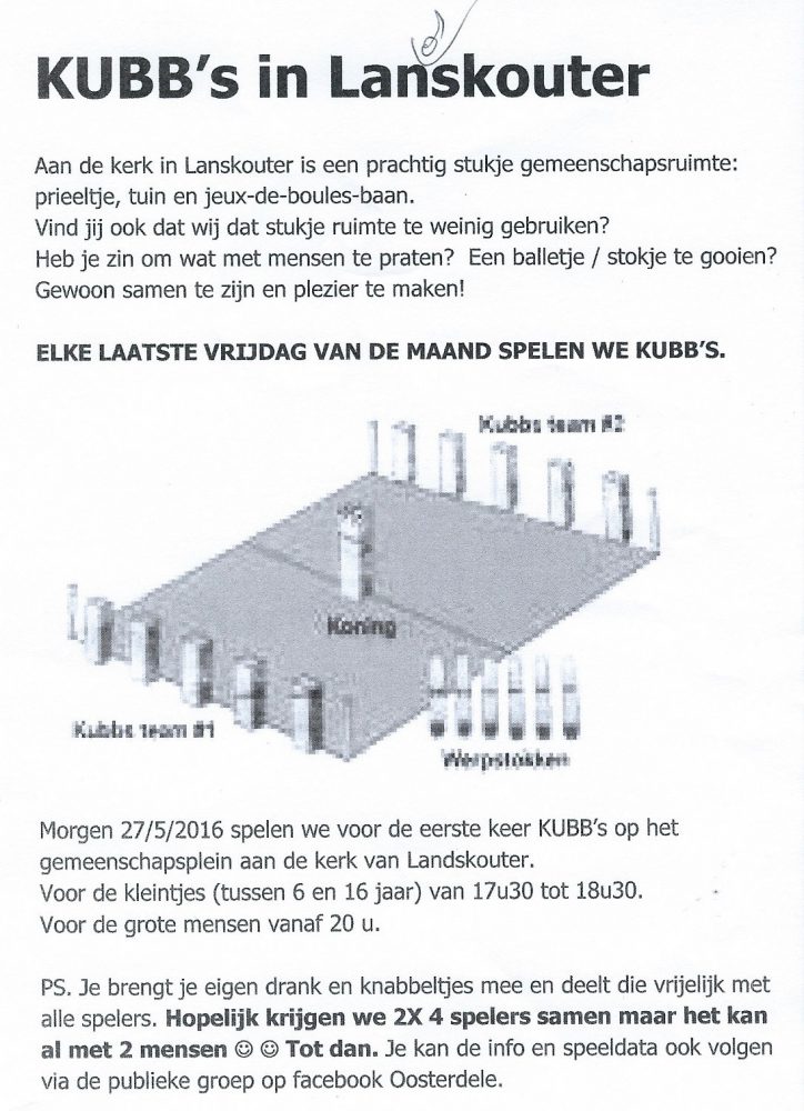 het pamflet met de uitnodiging om Kubb te spelen in de pastorietuin