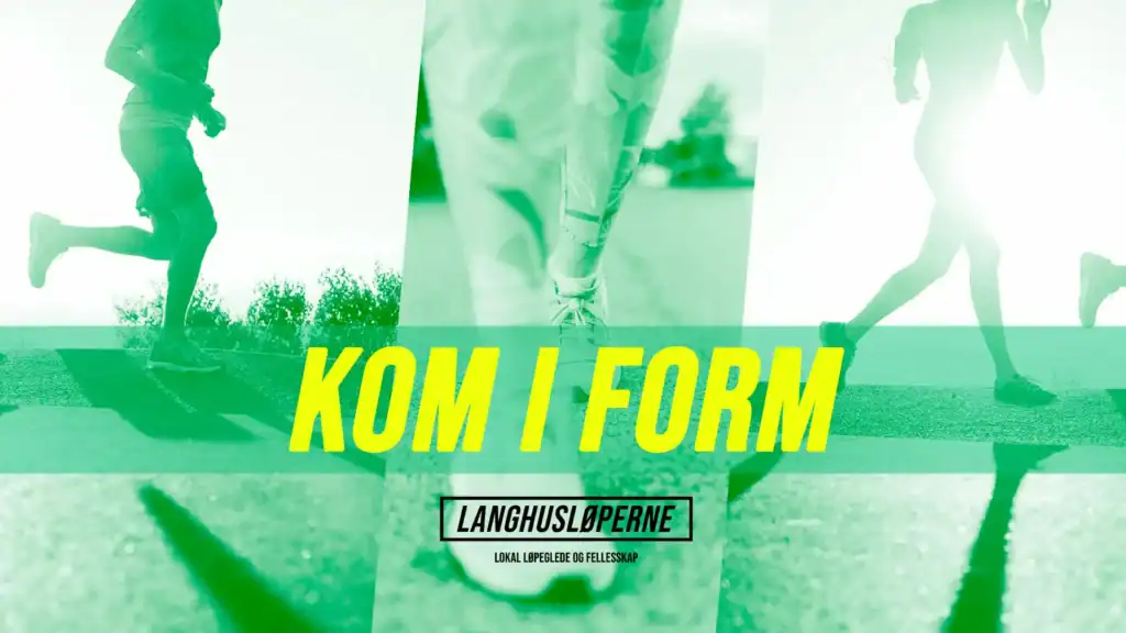 Illustrasjon i grønne nyanser med løpere og teksten Kom i form