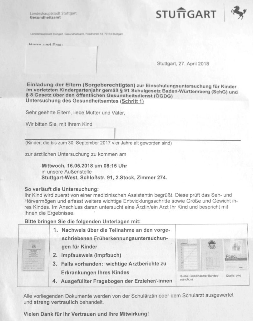 Carta del Einschulungsuntersuchung en Stuttgart