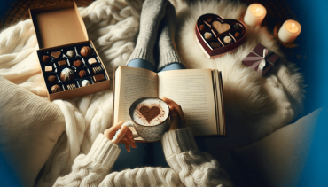 Books to Curl Up with on Valentine's Day - with a heart-shaped box of chocolates, hot cup of coffee and a cosy Valentine's Day reading scene.