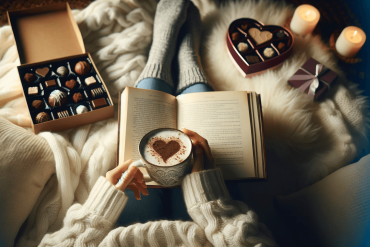 Books to Curl Up with on Valentine's Day - with a heart-shaped box of chocolates, hot cup of coffee and a cosy Valentine's Day reading scene.